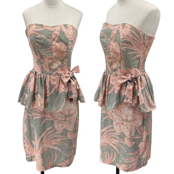 Vintage 80s Strapless Dress Peplum Waist Floral Botanical Printed Pink Womens XS - Picture 1 of 13
